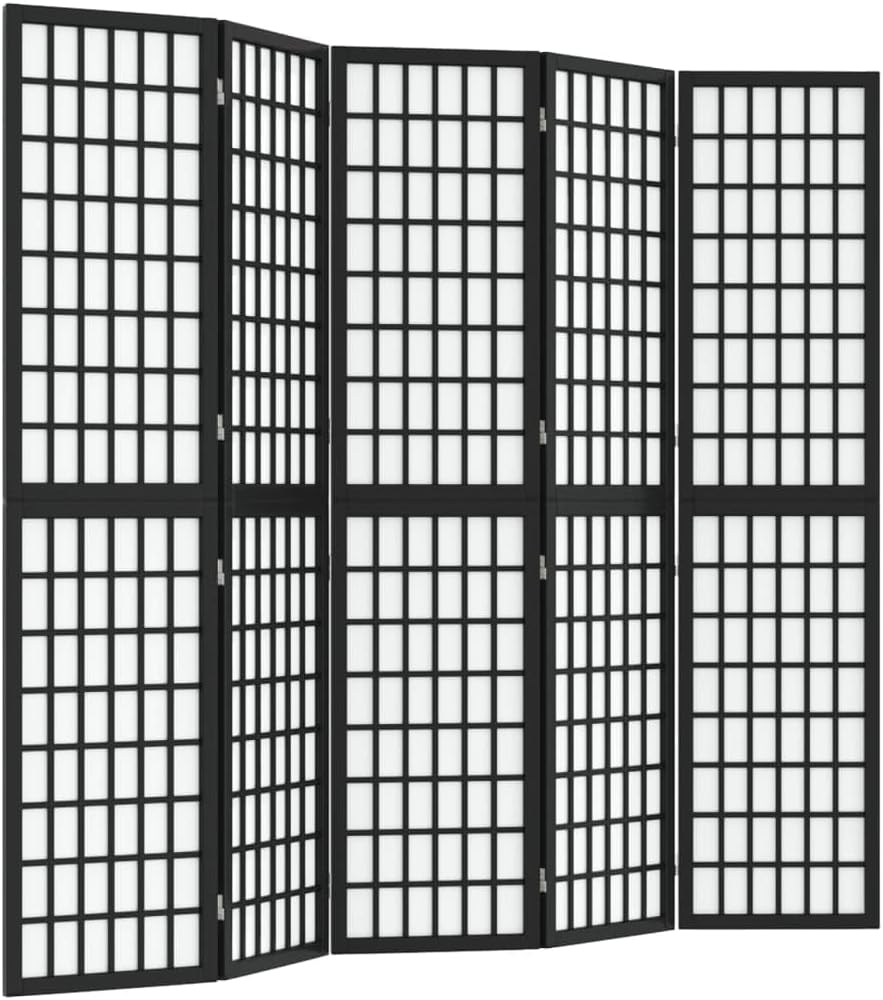 Paravent noir 5 panneaux 200 cm hauteur 170 cm - bois - séparateur pièce écran intimité chambre maison-Lamiahaven