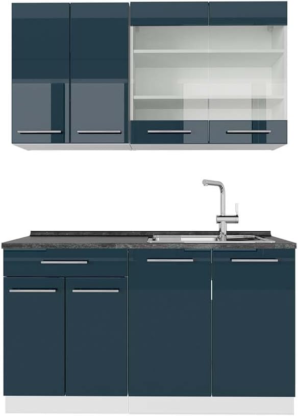 Vicco Fame Line - cuisine bleu foncé brillant et blanc 140 cm - meuble cuisine moderne plan anthracite-Lamiahaven