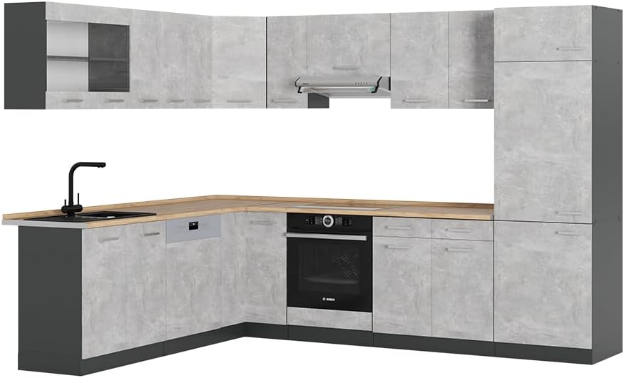 Vicco R Line - cuisine en angle béton anthracite 227 par 287 cm - meuble cuisine moderne sans plan de travail-Lamiahaven