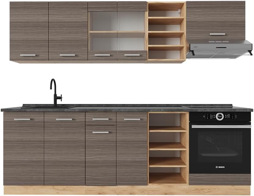 Vicco R Line - cuisine gris noble et chêne doré 240 cm - plan anthracite meuble cuisine moderne-Lamiahaven