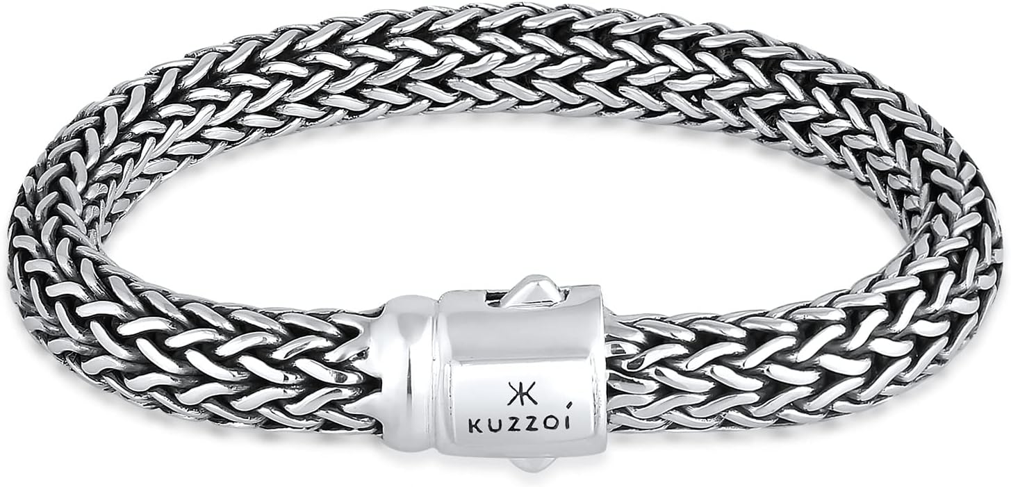 Kuzzoi bracelet homme argent sterling 10 mm - bracelet gourmette fait main avec gravure - fermoir griffe de homard-Lamiahaven