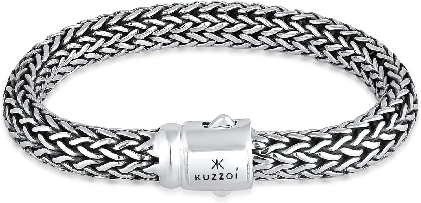 Kuzzoi bracelet homme argent sterling 10 mm - bracelet gourmette fait main avec gravure - fermoir griffe de homard-Lamiahaven