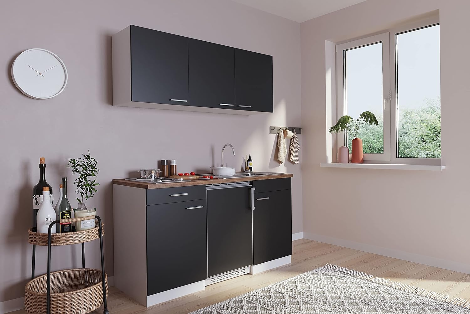 Respekta Luis - kitchenette noire 150 cm - mini cuisine moderne bois d ingénierie avec plaque cuisson duo inox-Lamiahaven