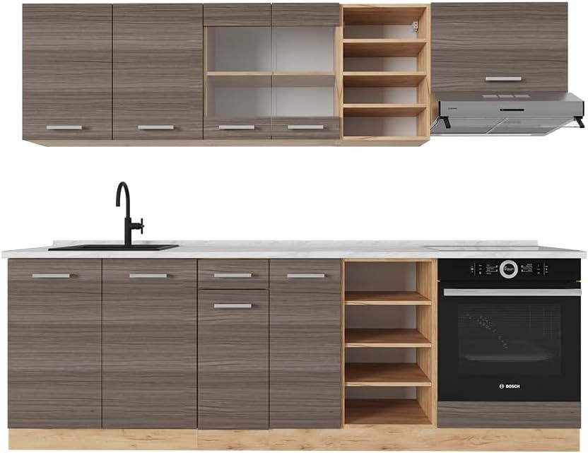 Vicco - cuisine R Line gris noble et chêne doré - bloc cuisine 240 cm avec plan de travail marbre moderne-Lamiahaven