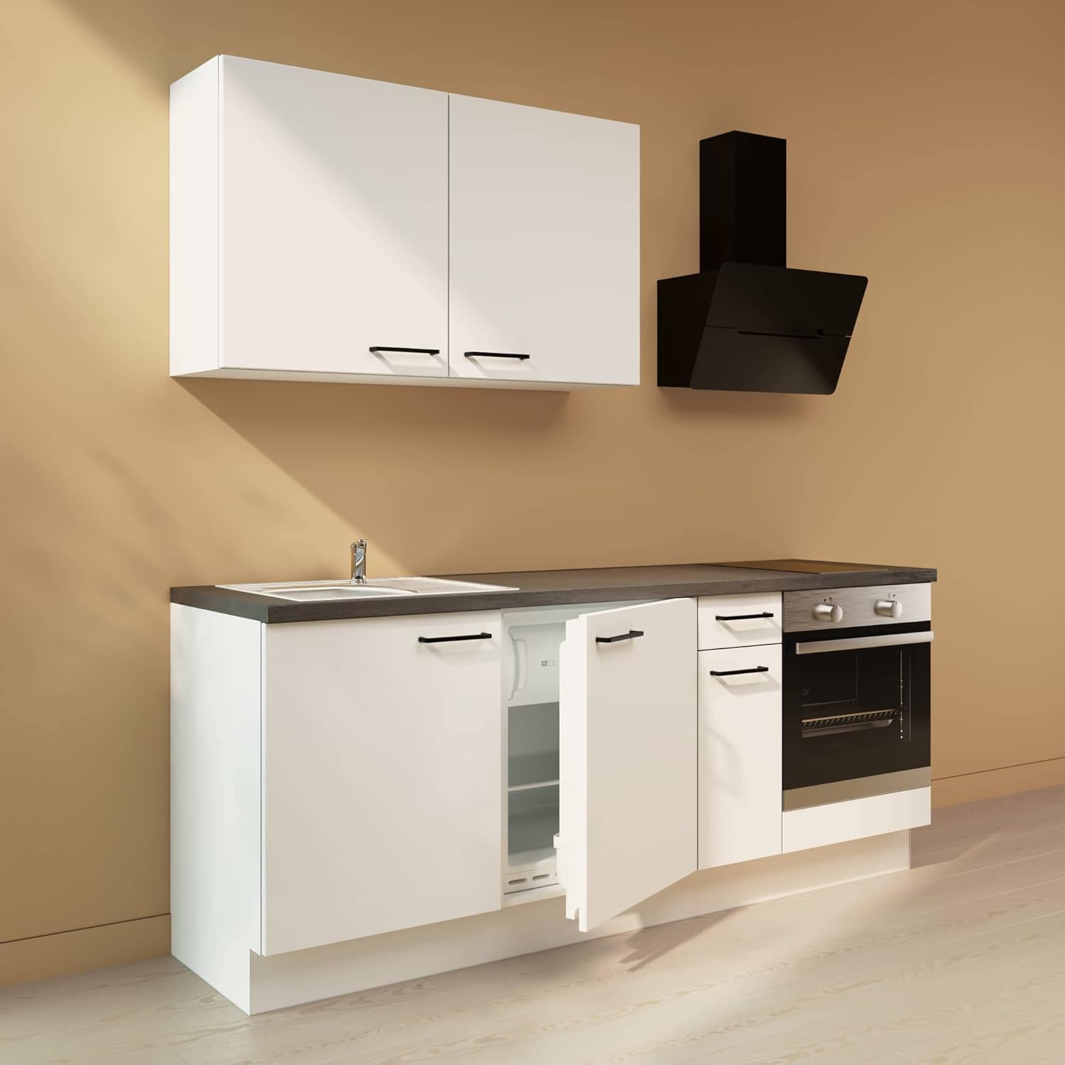 WALLERS - cuisine complète 210 cm béton - meubles plan frigo intégré plaque 2 foyers mitigeur évier gauche-Lamiahaven
