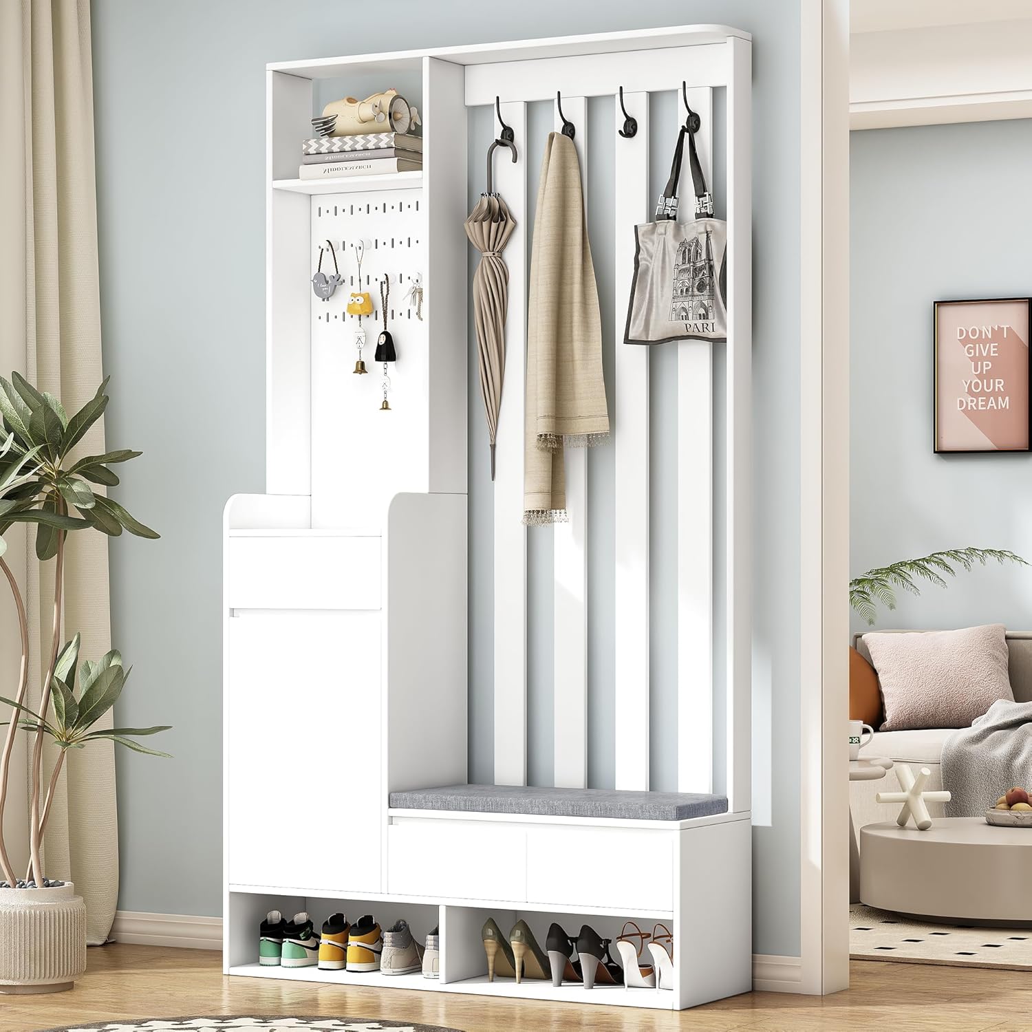 LULUWA porte manteaux de couloir blanc - Meuble entrée moderne 100 x 35 x 180 cm avec banc rembourré et placard chaussures-Lamiahaven