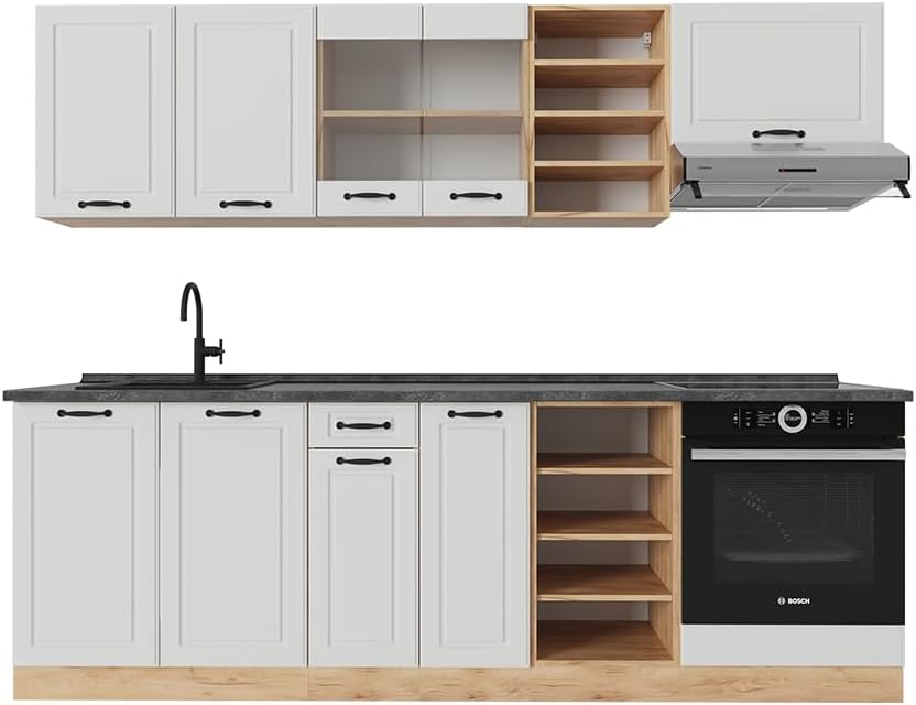 Vicco - cuisine R Line blanc campagnard et chêne doré - bloc cuisine 240 cm avec plan de travail anthracite-Lamiahaven