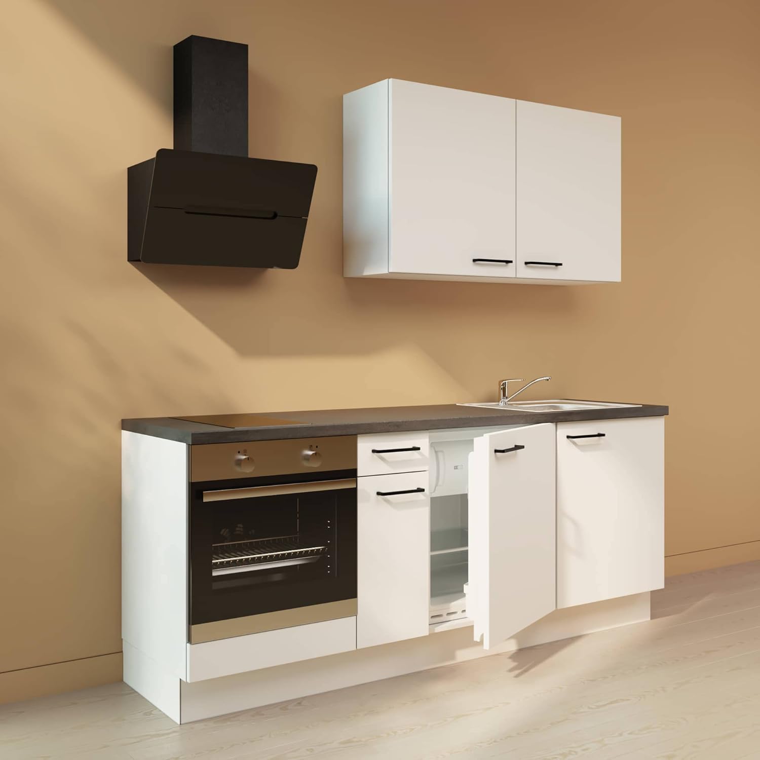 WALLERS - cuisine complète 210 cm avec plan chêne - frigo intégré plaque deux foyers mitigeur et évier à gauche-Lamiahaven