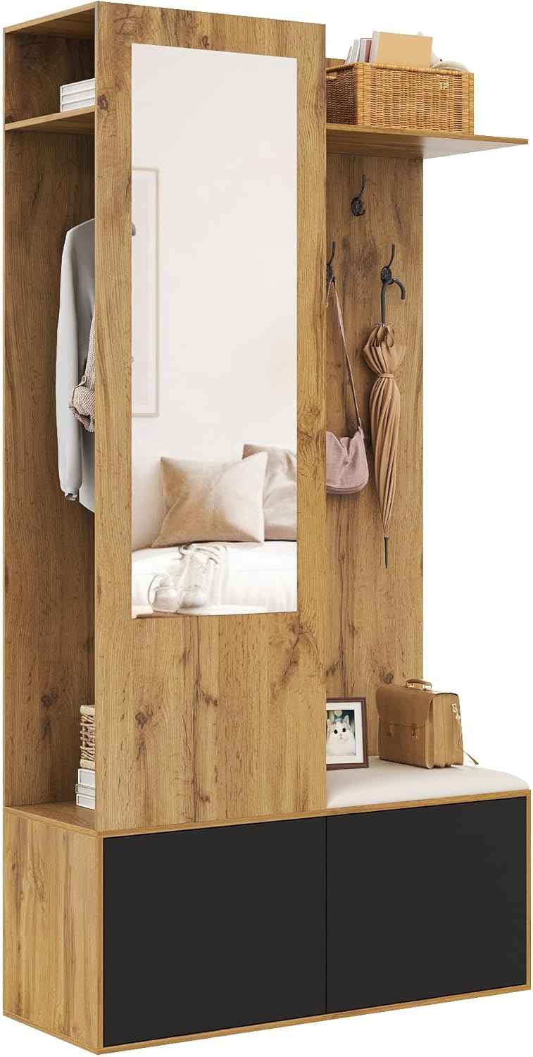 Merax meuble d entrée avec miroir - Garde robe couloir bois noir 191 x 100 x 38 cm avec banc armoire chaussures et 5 crochets-Lamiahaven