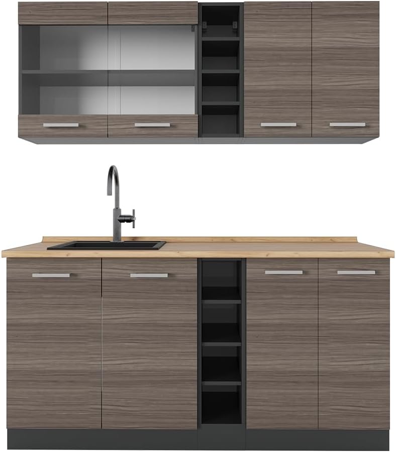Vicco - cuisine R Line gris noble et anthracite - meuble de cuisine 160 cm sans plan de travail avec rangement modulable-Lamiahaven