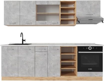 Vicco R Line - cuisine béton et chêne force doré 240 cm - plan marbre meuble cuisine moderne-Lamiahaven
