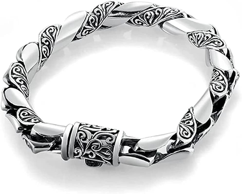 Bracelet BOSUGE homme - argent 925 fait main - relief fleurs - style punk vintage - taille 21,5 cm-Lamiahaven