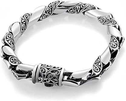 Bracelet BOSUGE homme - argent 925 fait main - relief fleurs - style punk vintage - taille 21,5 cm-Lamiahaven