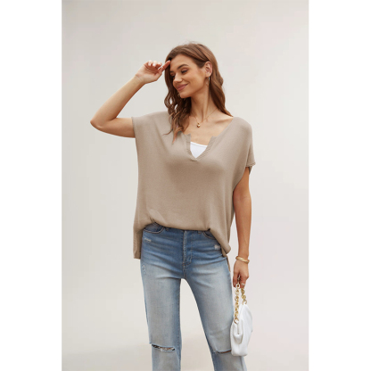 Summer women's new style V-neck solid color slit short-sleeved loose large size pullover sweater
