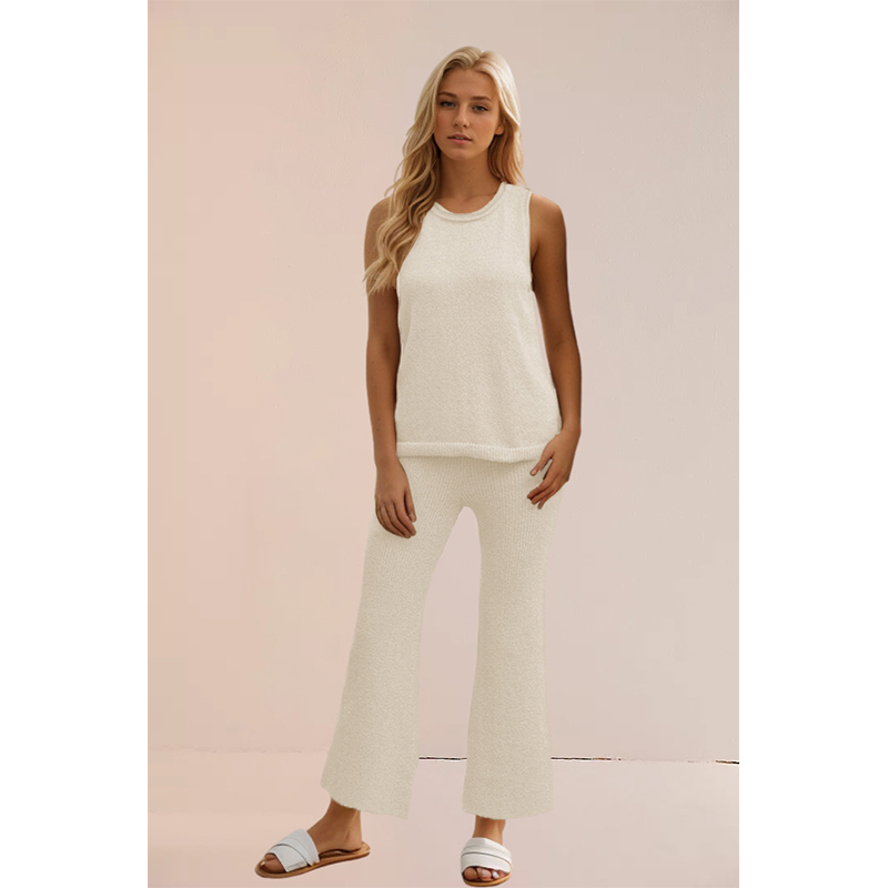 Summer new solid color knitted casual suit simple European and American style vest pullover two-piece set for women