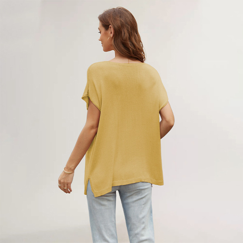 Summer women's new style V-neck solid color slit short-sleeved loose large size pullover sweater