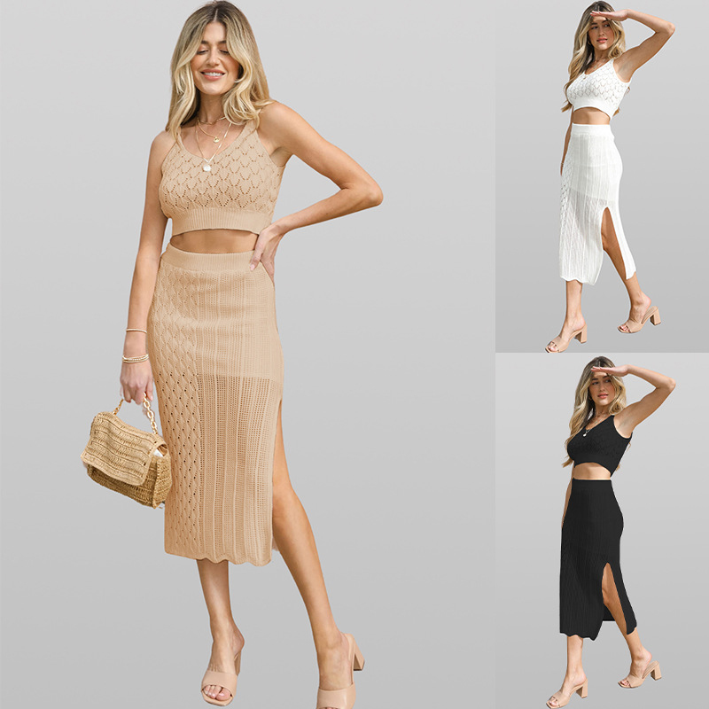 Summer new solid color rhombus striped two-piece sexy vest with slits and long skirt for women