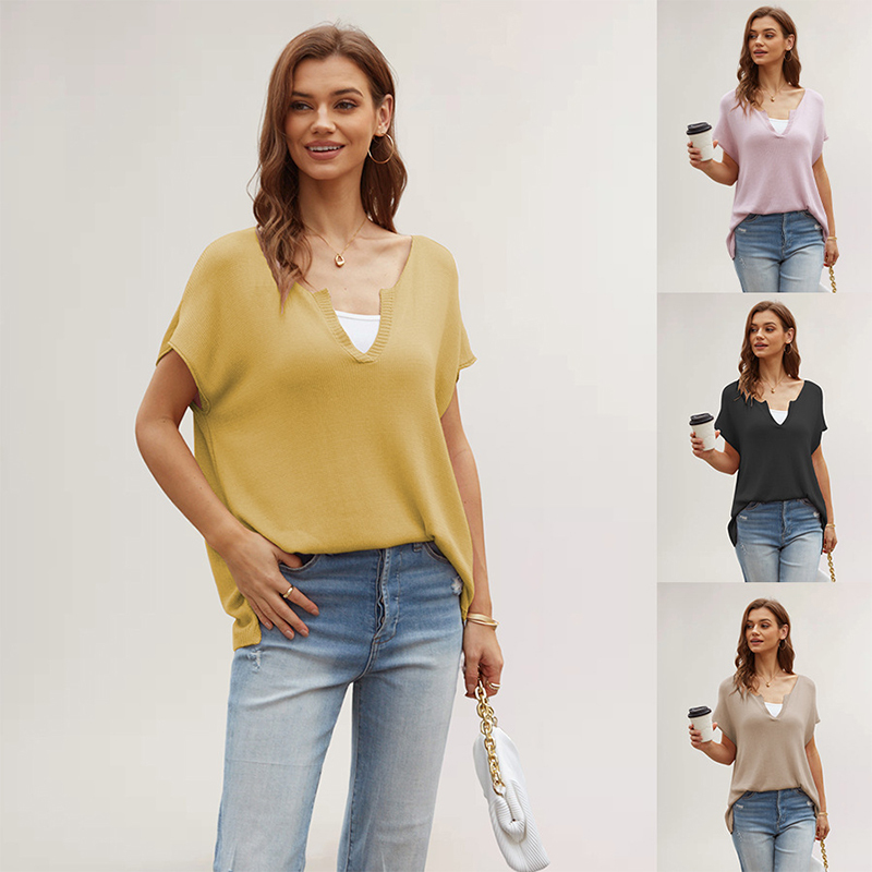 Summer women's new style V-neck solid color slit short-sleeved loose large size pullover sweater
