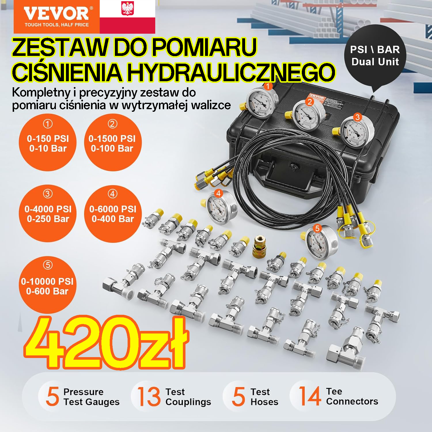 Zestaw do testów hydraulicznych VEVOR 10/100/250/400/600 barów 5 manometrów 13 złączy testowych 14 złączy TEE 5 rurek testowych Zestaw manometrów hydraulicznych z trwałą walizką do przenoszenia maszyn do koparek budowlanych
