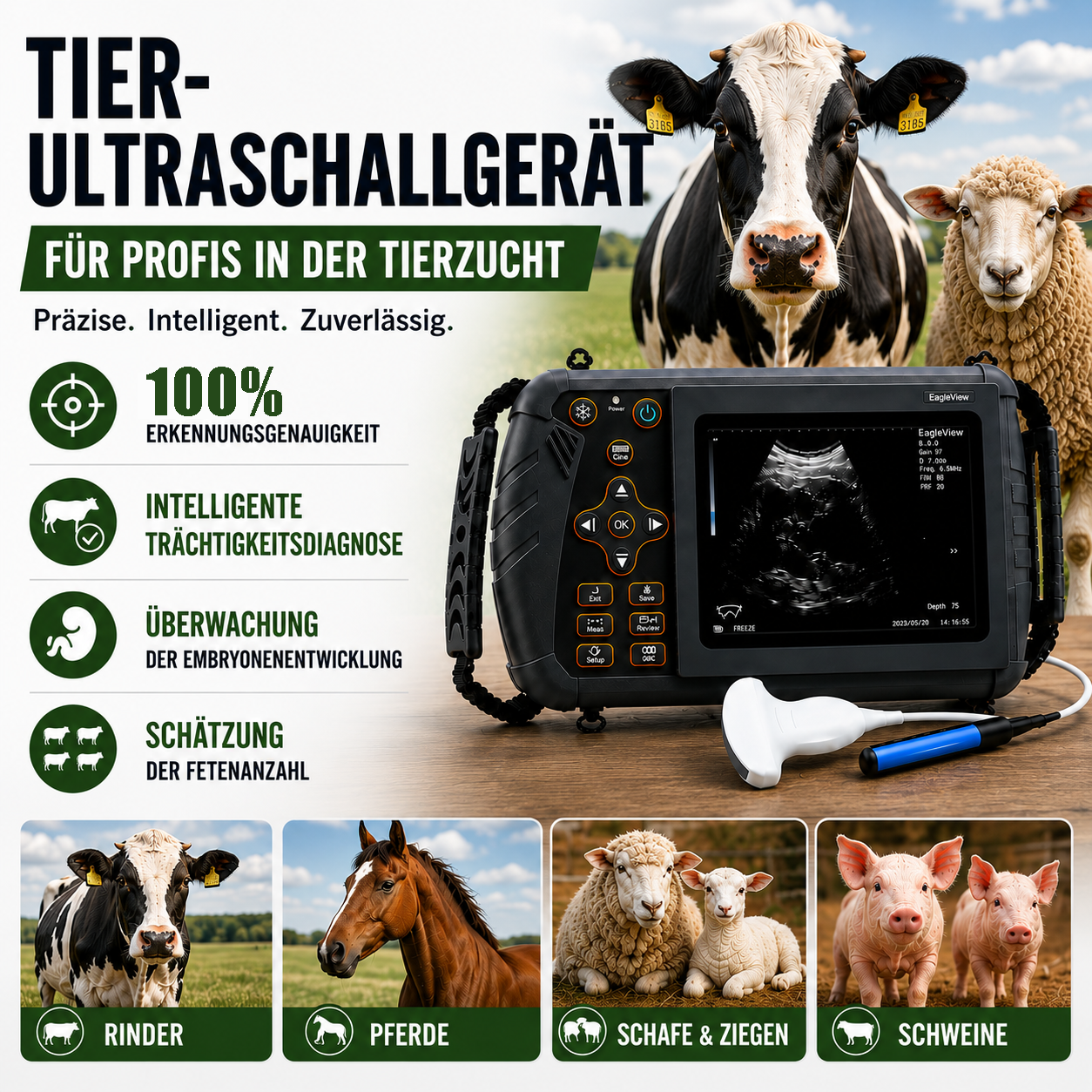 Tragbares B-Ultraschallgerät für die präzise Trächtigkeitsdiagnose bei Nutztieren