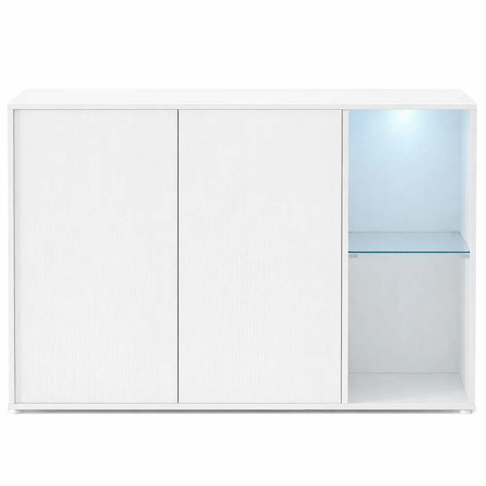 Credenza Soggiorno con Ripiano in Vetro e Illuminazione, Mobile TV Minimalista, Bianco