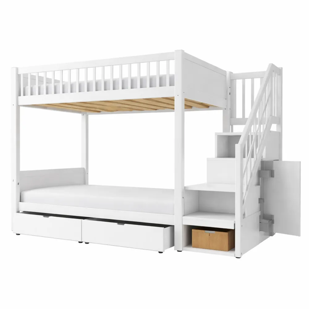 Letto a castello per bambini con scale, armadietti e protezione, 90 x 200 cm