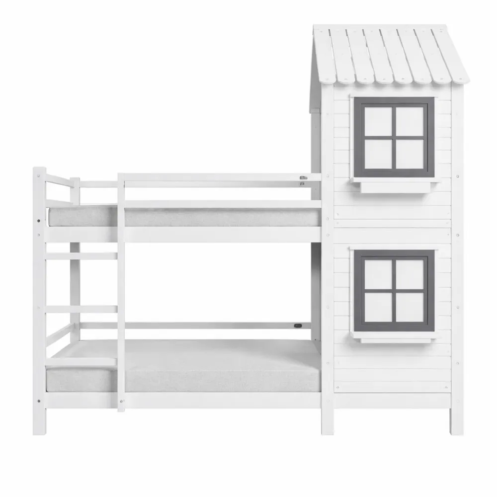 Letto a castello con scala e finestra, 90 x 200 cm, protezione caduta per bambini, struttura in legno di pino