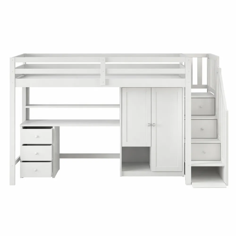 Letto a soppalco multifunzionale per bambini con scrivania e armadio, scala con cassetti integrati e ampio spazio di archiviazione