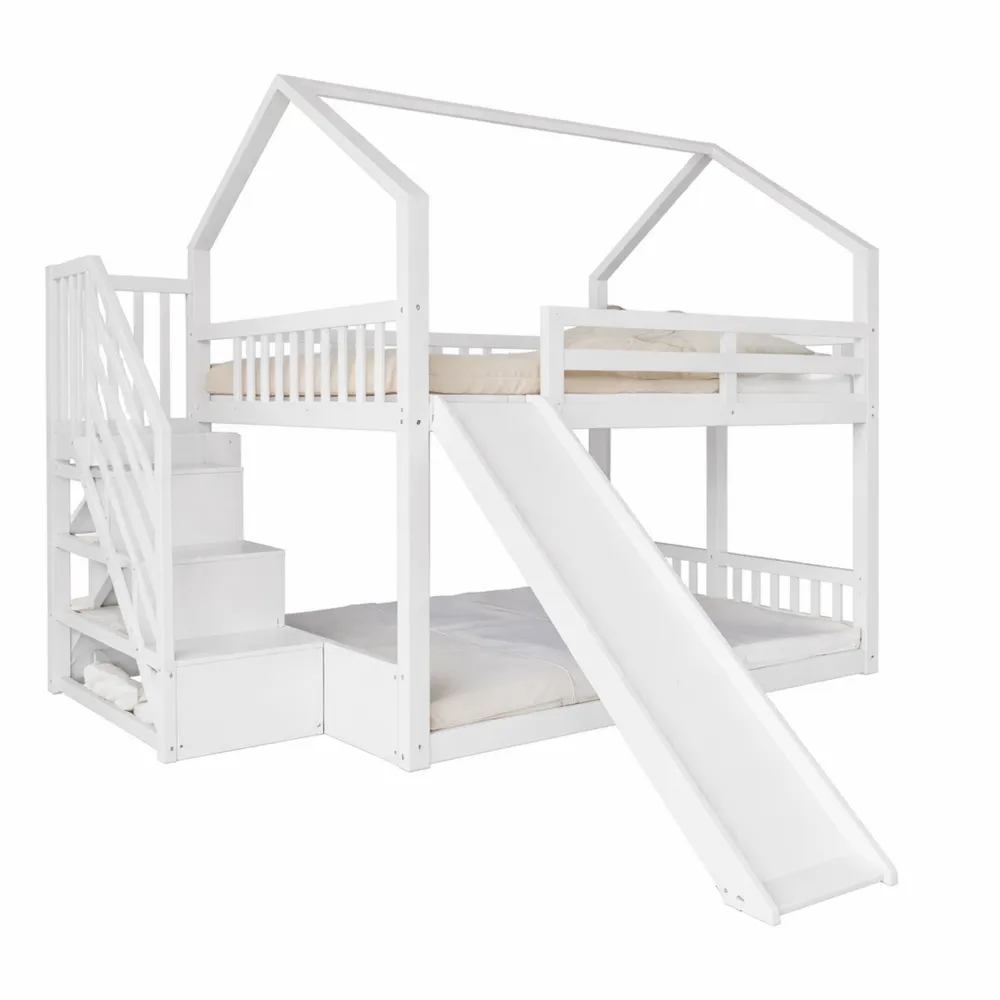 Letto a castello con scala salvaspazio e scivolo, bianco, con ringhiere, per bambini e ragazzi