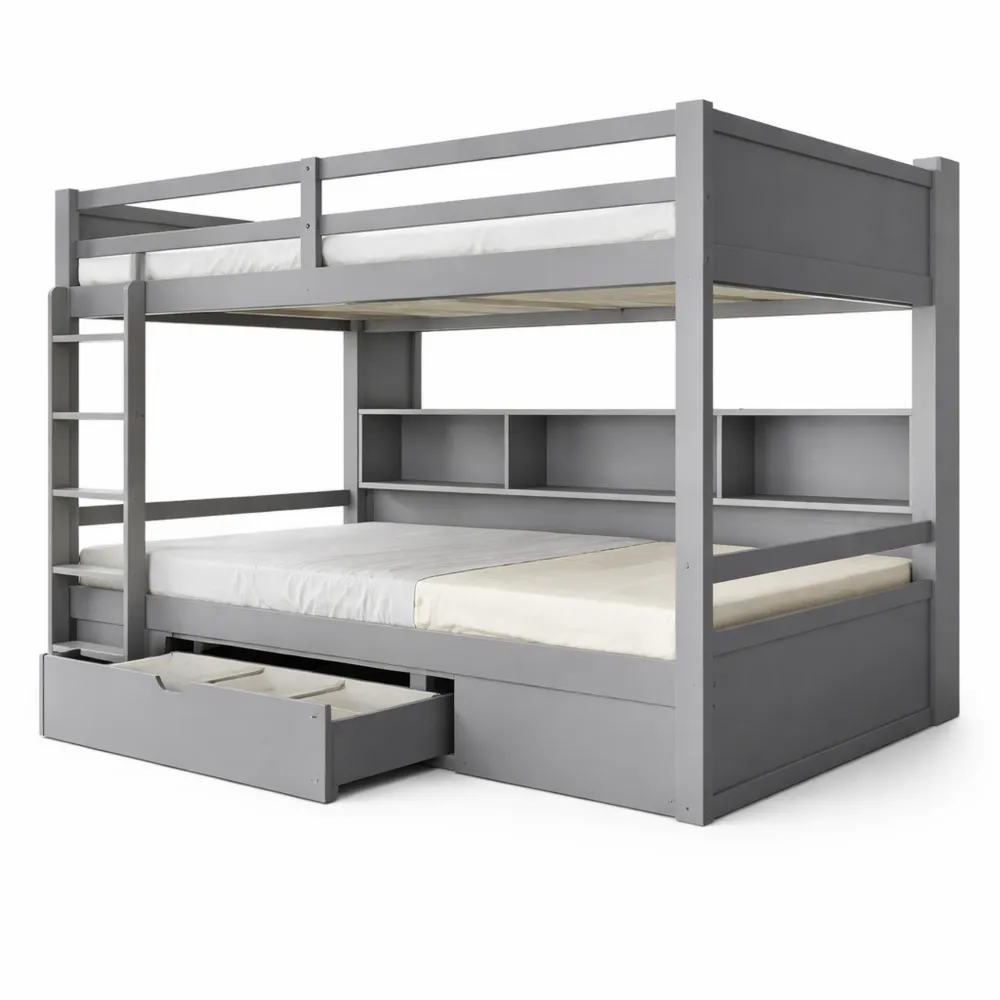 Letto a castello per bambini con cassetti e scala in legno, protezione anticaduta, 90 x 200 cm