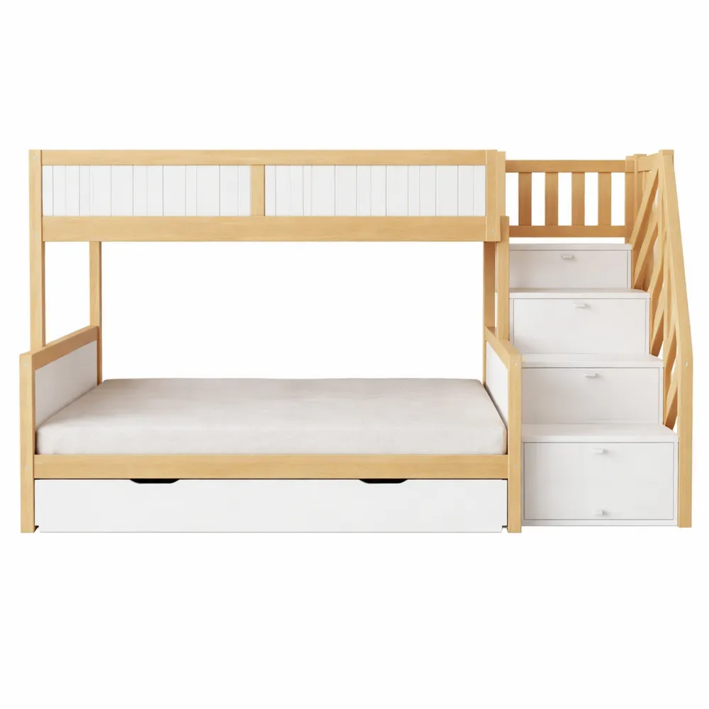 Letto a castello per bambini con protezioni e scala, bianco e naturale