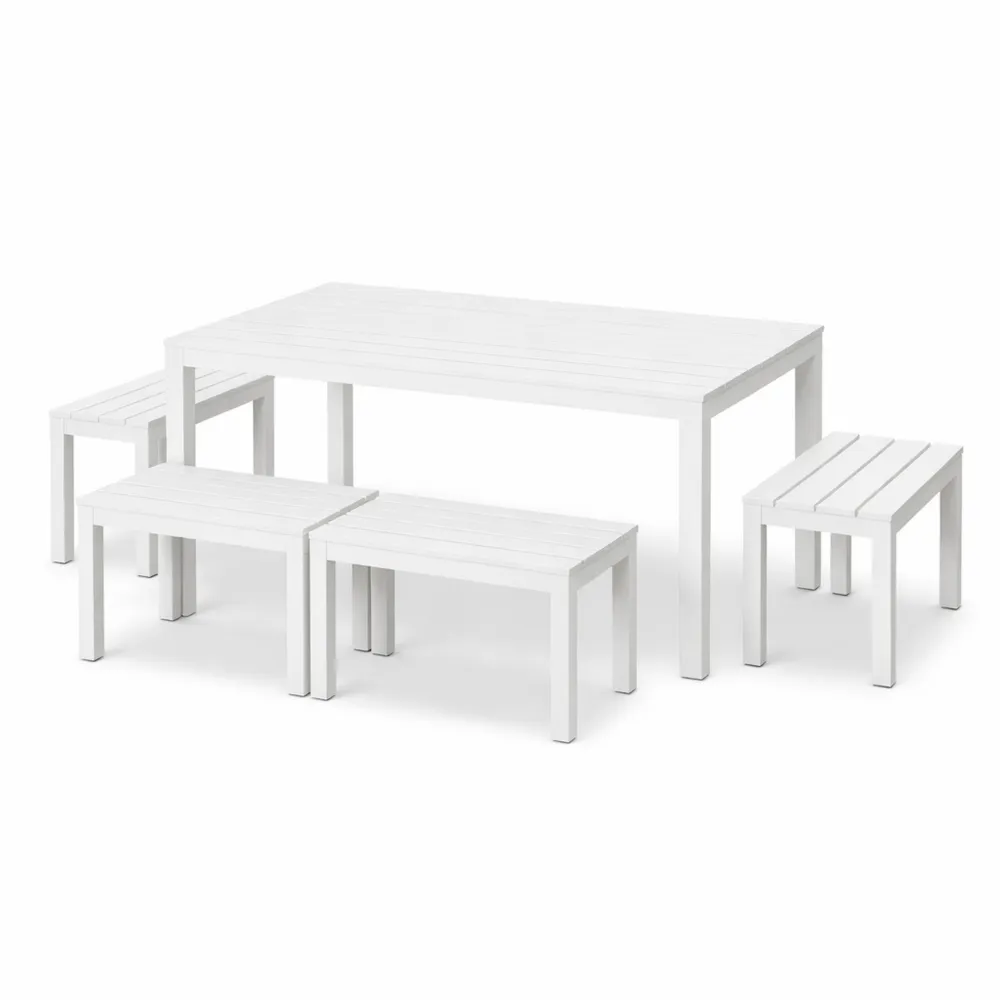 Set Salotto da Giardino con Tavolo e Panchine Bianche