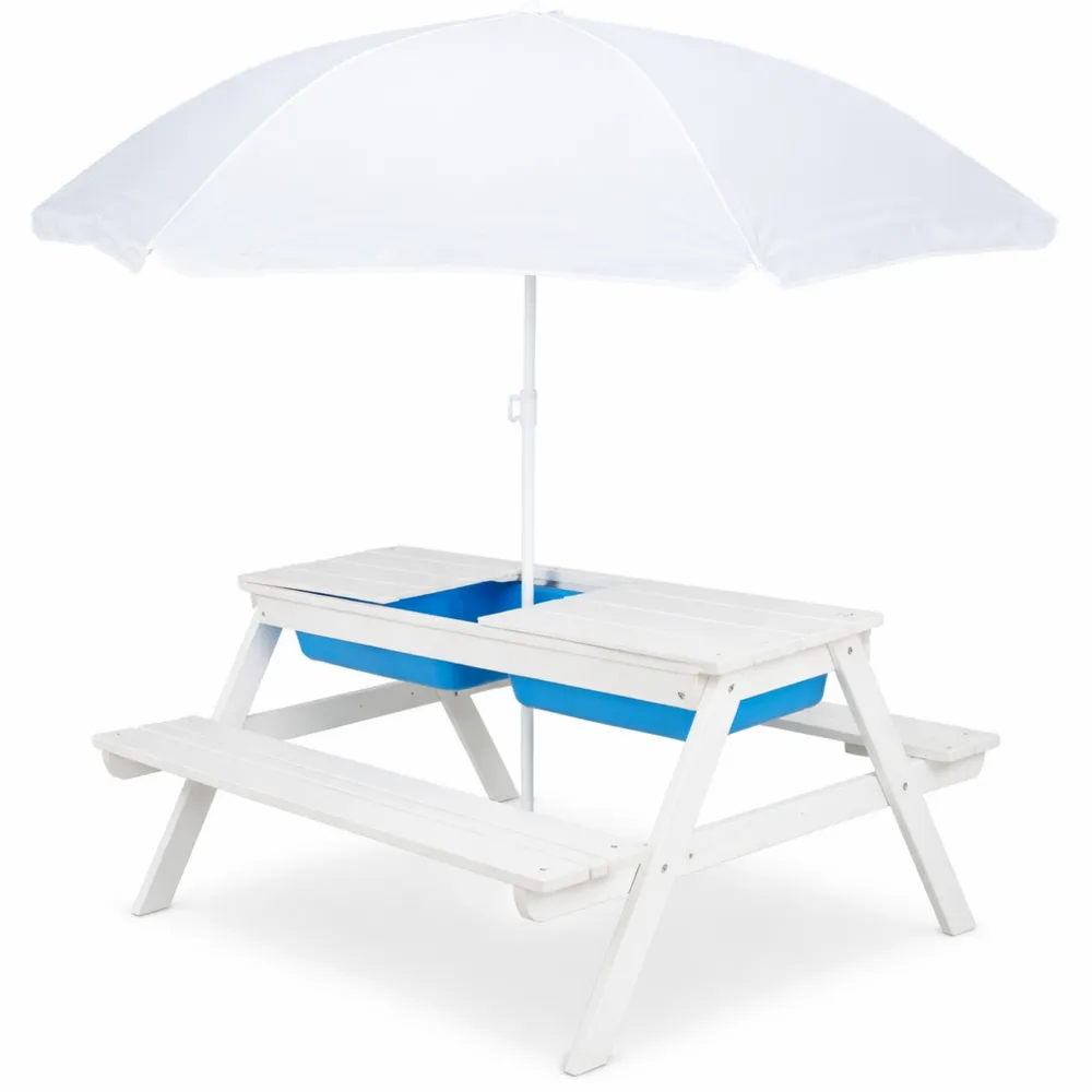 Tavolino da Giardino con Panche e Ombrellone, in Legno