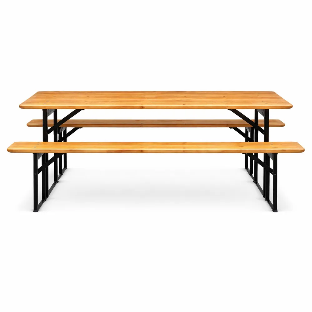 Set tavolo e panchine pieghevoli da giardino, marrone, tavolo 220 x 76 x 80 cm, panca 220 x 46 x 24 cm