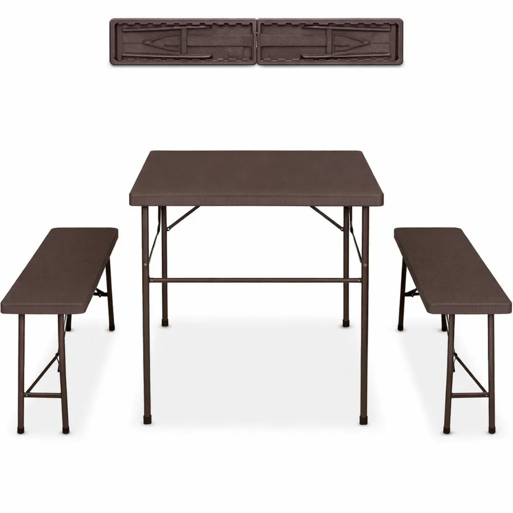 Set da Giardino Pieghevole con Panche e Tavolino Rattan, Marrone