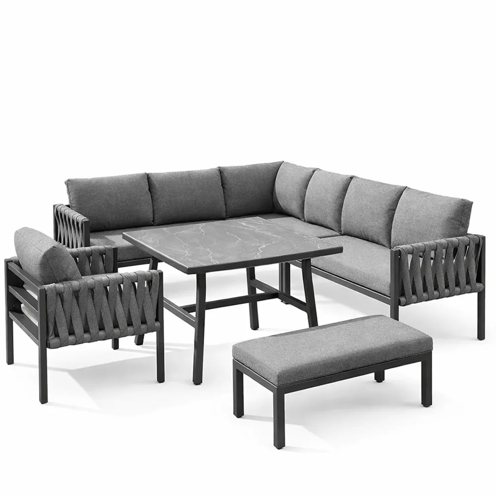 Set mobili da giardino in ferro, divano angolare con vetro temperato e cuscini grigi