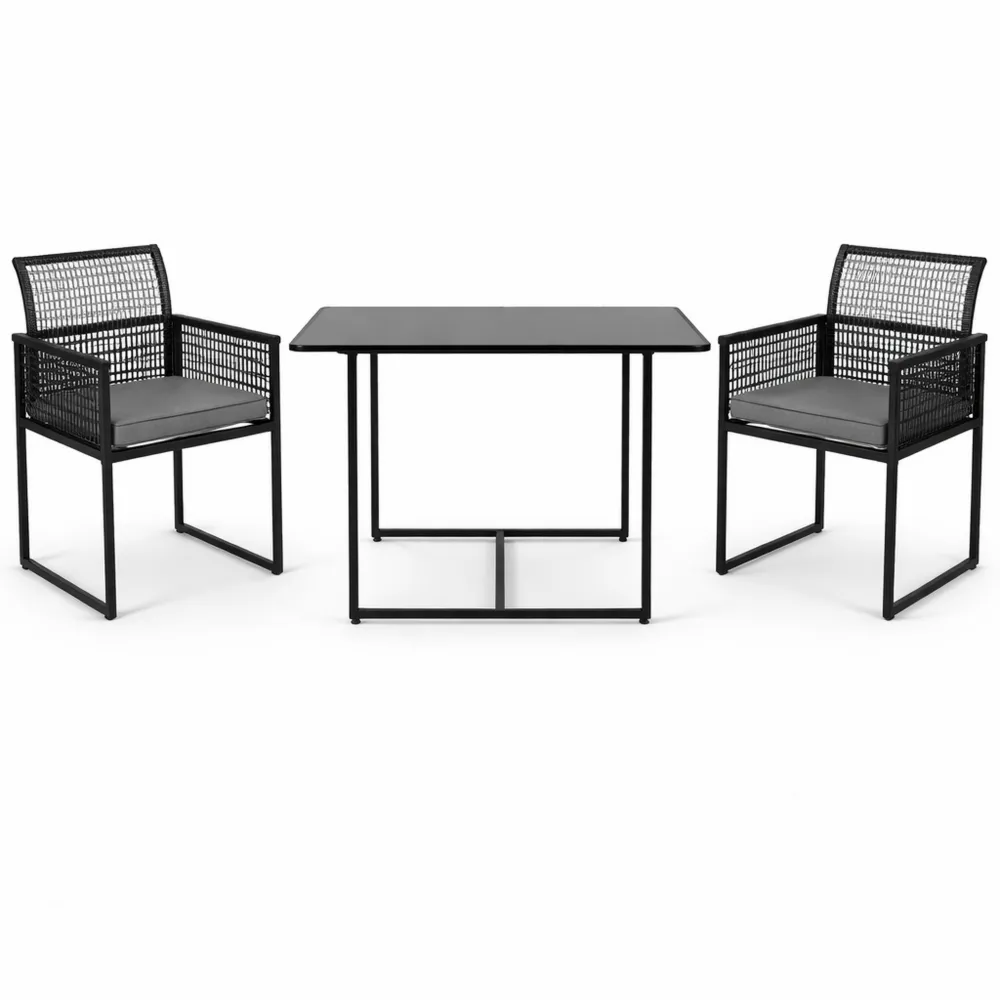 Set da Giardino 3 Pezzi con Tavolo in Vetro Temperato e Sedie Pieghevoli