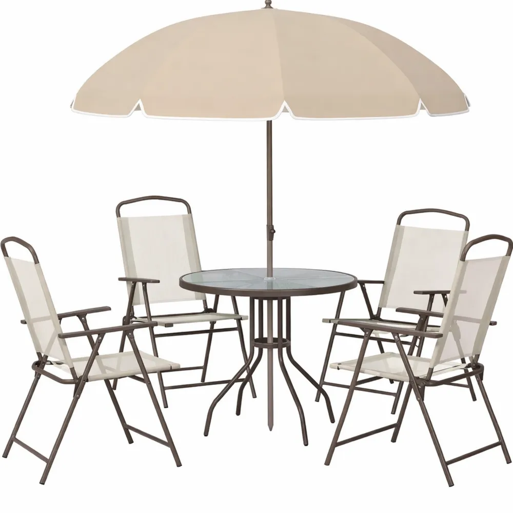 Set Arredo Giardino 6 Pezzi con Tavolo Sedie e Ombrellone Crema
