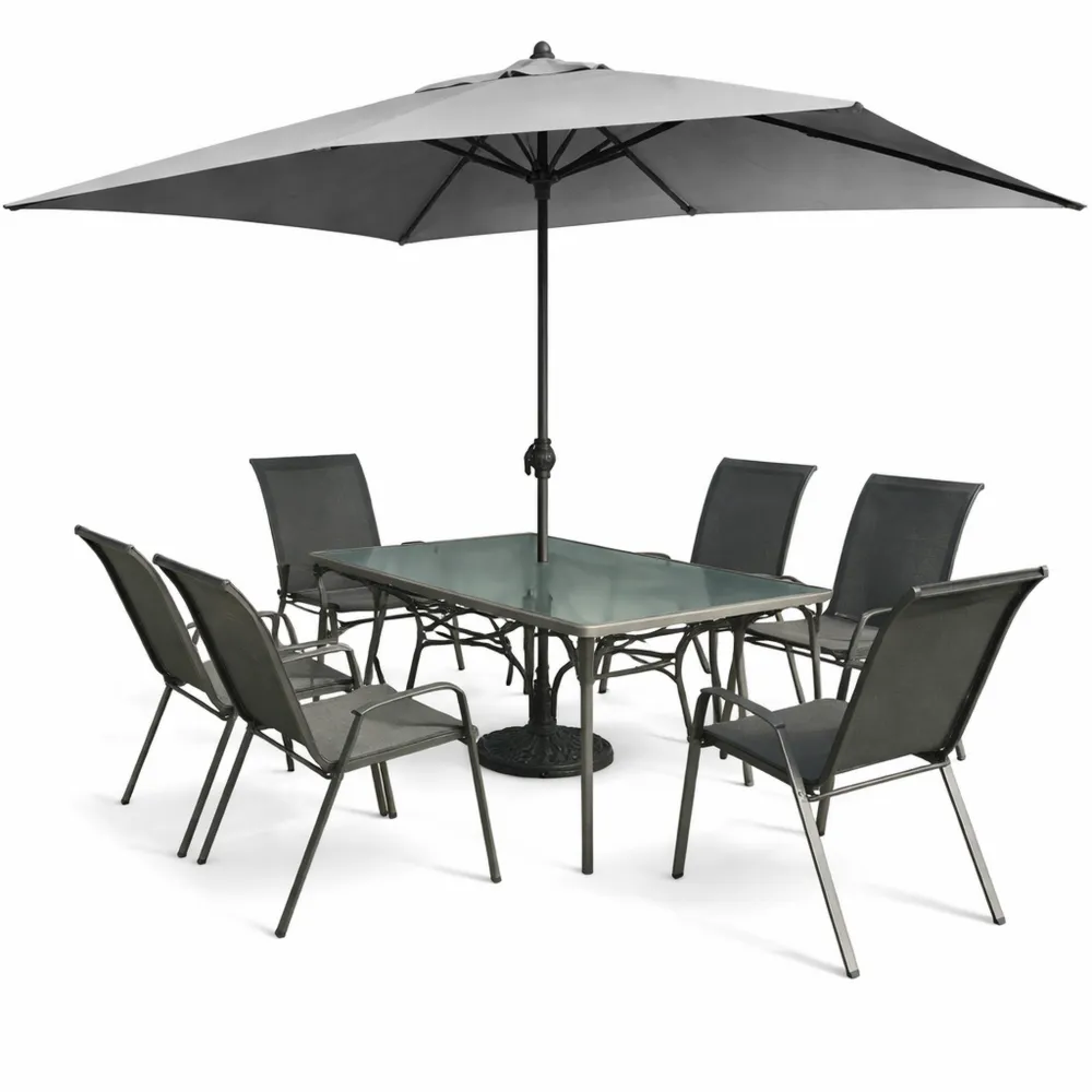 Set da Esterno con Tavolo, Sedie e Ombrellone in Acciaio e Textilene