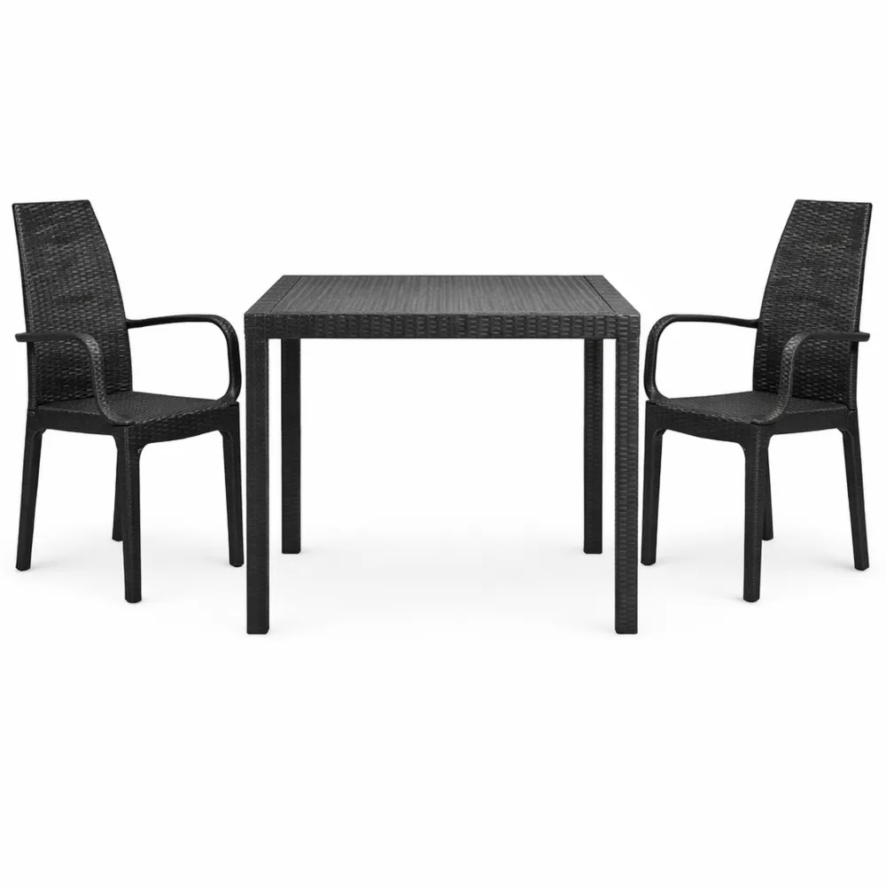 Set da Giardino: 2 Sedie con Braccioli e Tavolo Quadrato in Rattan