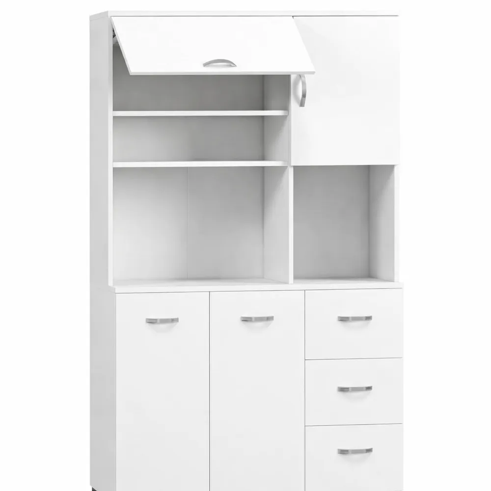 Credenza Moderna con Cassetti e Armadietti per Cucina, Mobile Microonde con Ripiani Aperti, 100x39.5x183.5cm, Bianco