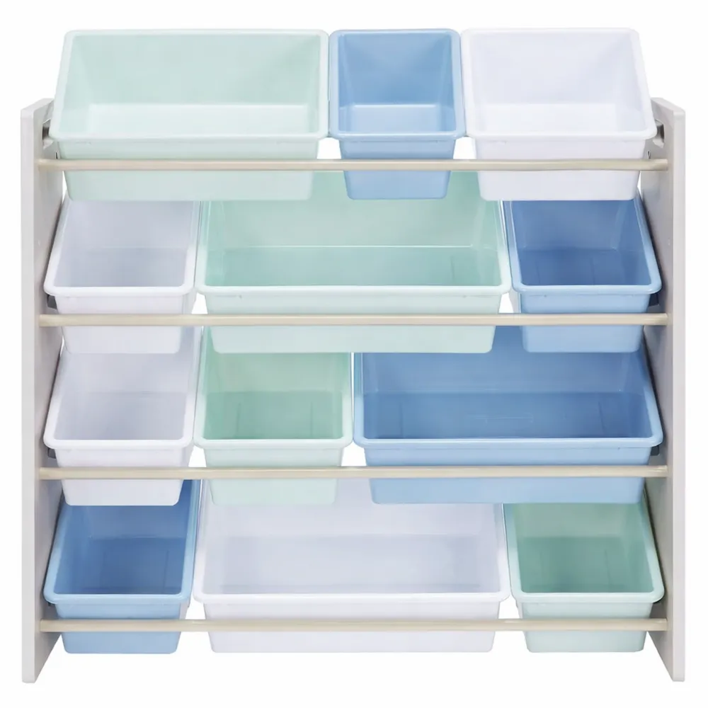 Organizer per Giocattoli per Bambini con 12 Contenitori in Plastica - Legno Grigio con Bins Blu