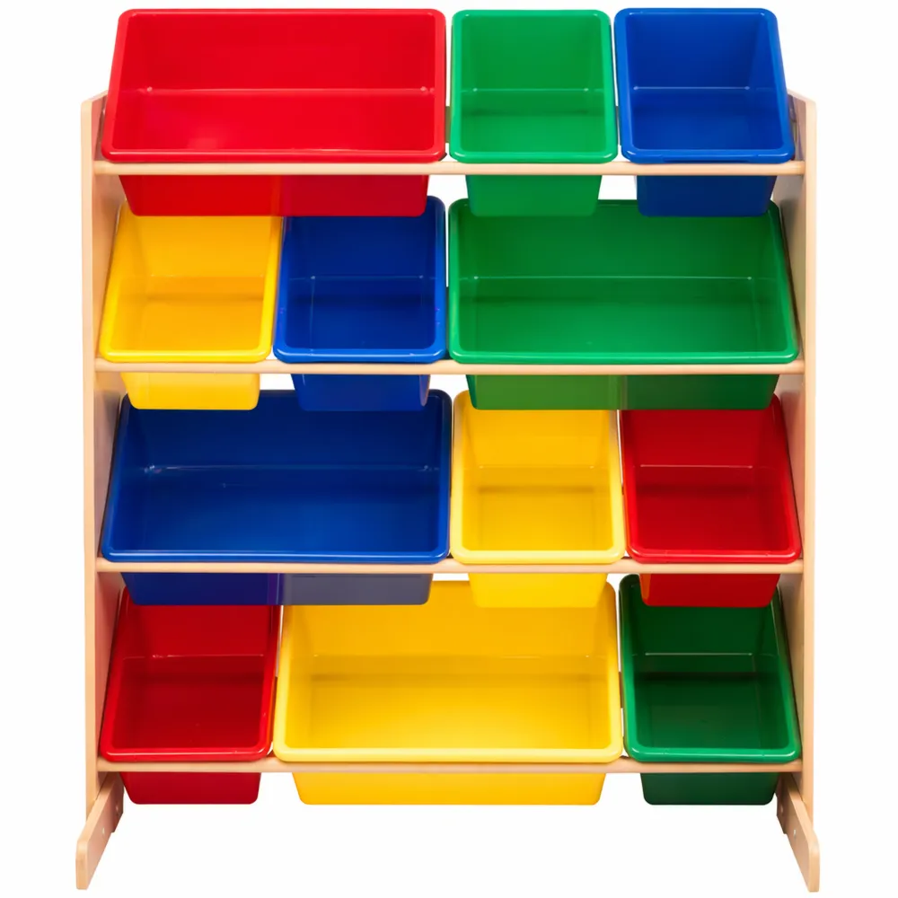 Scaffale Portaoggetti in Legno con Contenitori in Plastica Colorati per Cameretta e Sala Giochi
