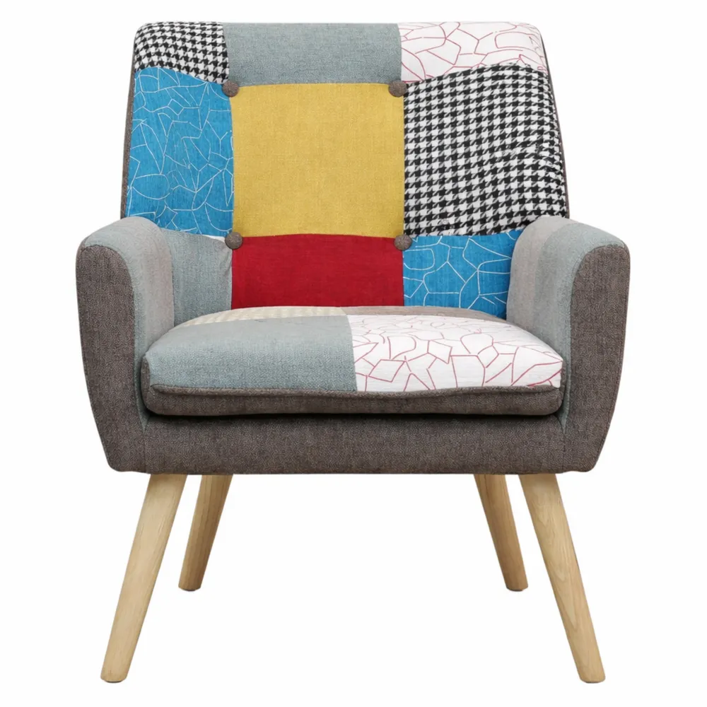 Poltrona imbottita in tessuto con piedini in legno, Patchwork Party