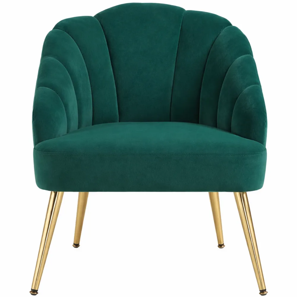Poltrona Velluto con Schienale a Conchiglia e Gambe Dorate per Interni, Verde
