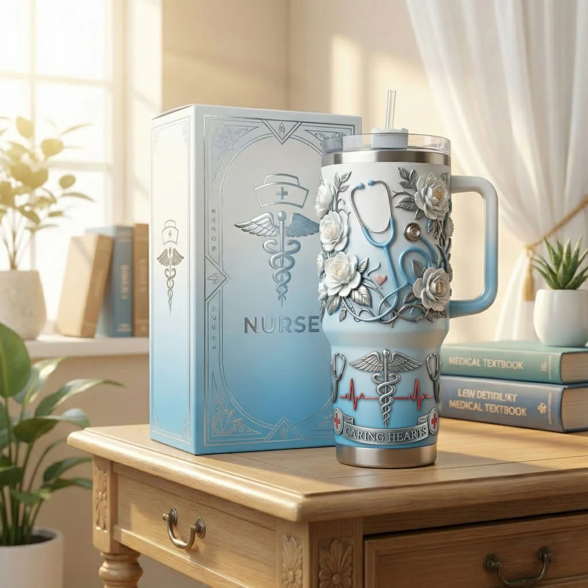 Nurse Appreciation Tumbler – Floral Medical Cup| Caring Hearts Edition