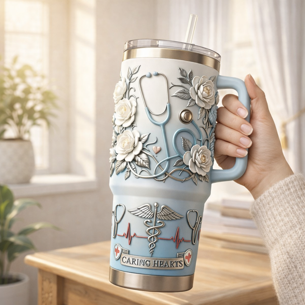 Nurse Appreciation Tumbler – Floral Medical Cup| Caring Hearts Edition