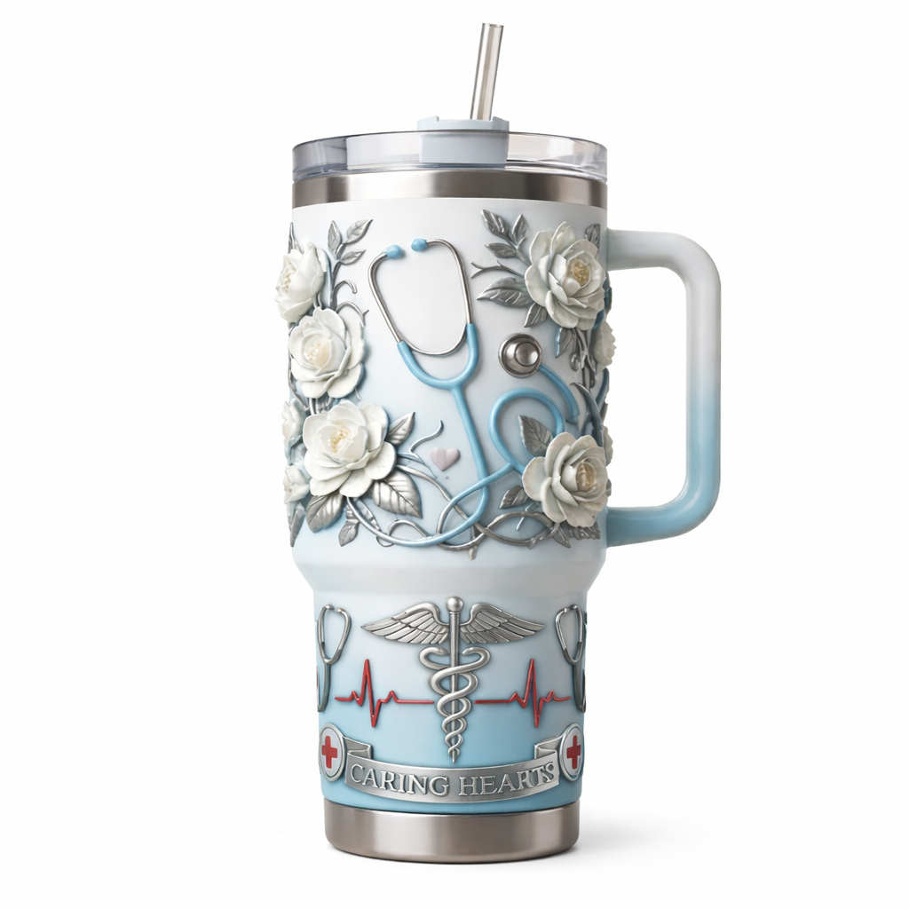 Nurse Appreciation Tumbler – Floral Medical Cup| Caring Hearts Edition