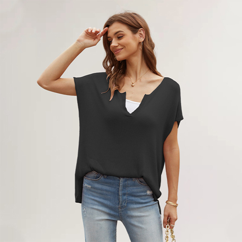 Summer women's new style V-neck solid color slit short-sleeved loose large size pullover sweater