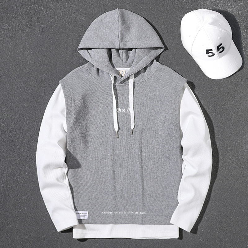 Handsome heavyweight gray fake two-piece 2023 spring, autumn and winter hooded large size top loose pullover long-sleeved sweatshirt for men